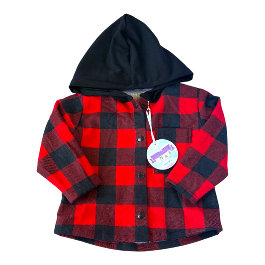 Rafa Hooded Shirt by Young World by Ruth, handmade red-and-black buffalo check flannel shirt with soft black hood for children