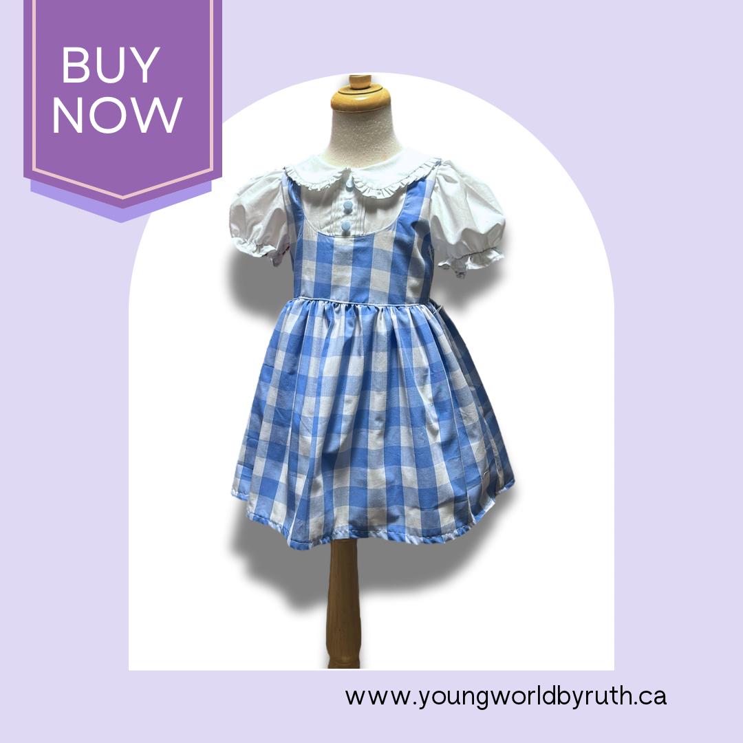 A blue and white checkered dress with a ruffle trim Peter Pan collar and pin-tucked front bodice, displayed on a mannequin.