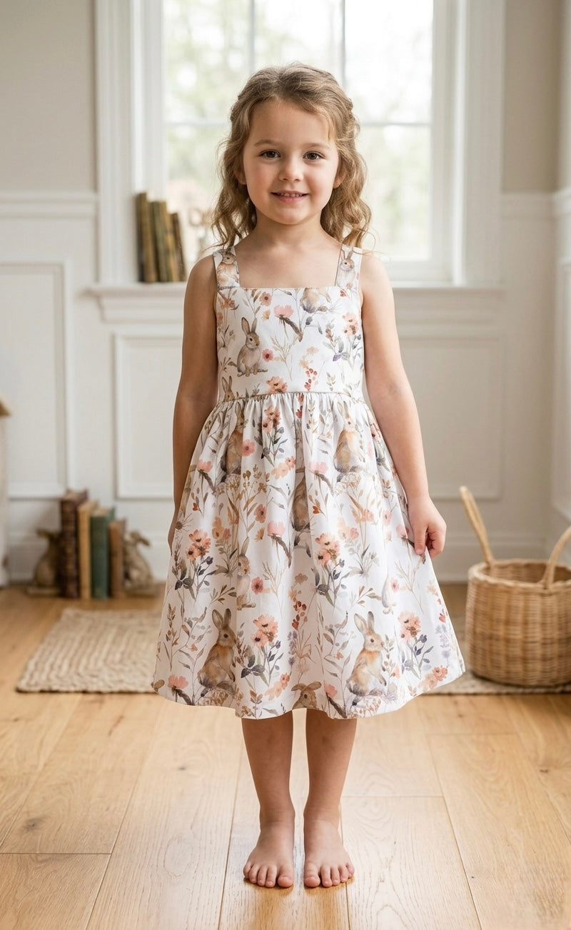 Young girl in a floral dress standing in a room with wooden floor and white walls.