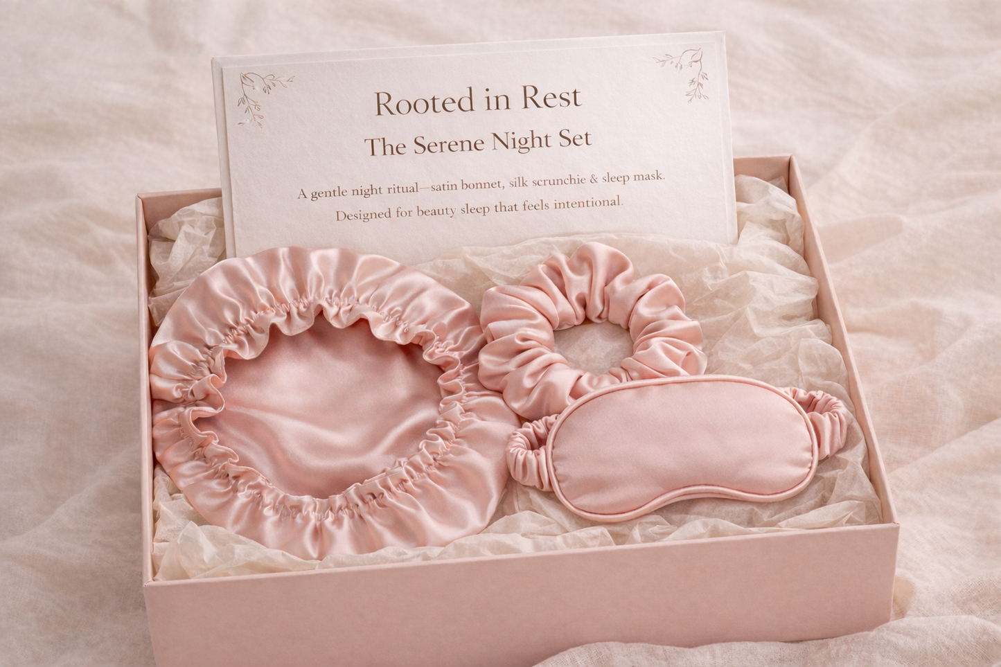 Pink satin night set with headband, eye mask, and pillowcase in a box labeled 'Rooted in Rest'.