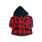 Handmade children’s flannel Rafa Hooded Shirt in red-and-black check, cosy autumn top made in Canada