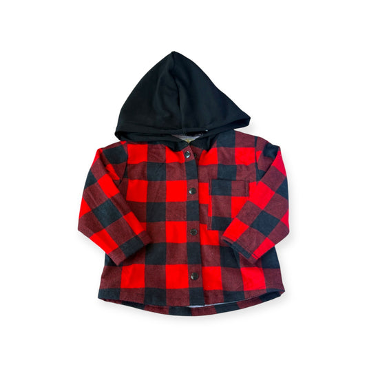 Handmade children’s flannel Rafa Hooded Shirt in red-and-black check, cosy autumn top made in Canada