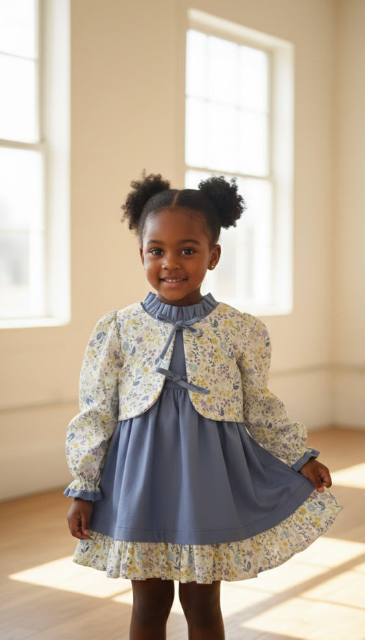 Young girl wearing a floral jacket over a blue dress in a bright room.