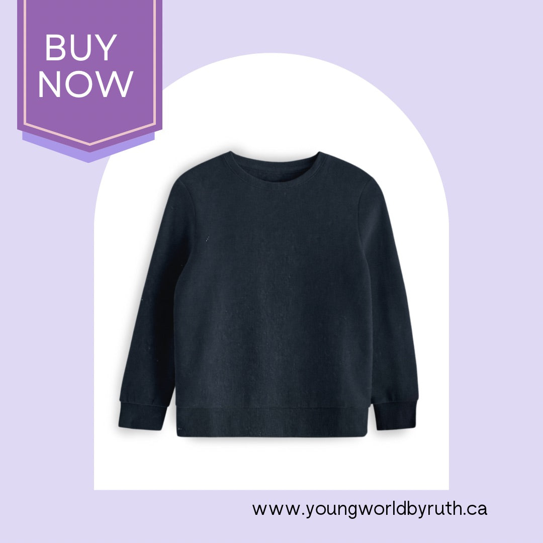 Ellison Sweatshirt – Classic Edition, handmade navy sweater by Young World by Ruth, cosy children’s clothing made in Canada on a light purple background with 'Buy Now' text and website URL.