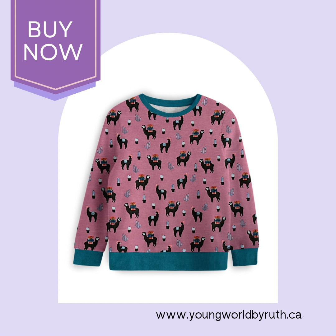 Ellison Sweatshirt – Llama Edition by Young World by Ruth, handmade pink sweatshirt with llama and cactus print, teal trim on a light purple background, with 'Buy Now' text and website URL.