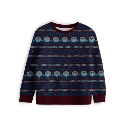 A handmade festive sweatshirt featuring a navy-and-burgundy Fair-Isle pattern with Santa details. Cosy, classic, and perfect for Christmas magic.