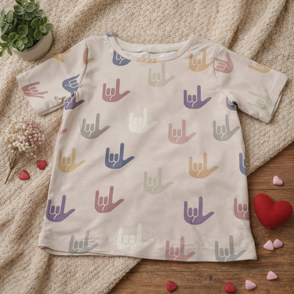 Gender-neutral children’s graphic T-shirt featuring an inclusive hand-sign design on a soft neutral cotton tee
