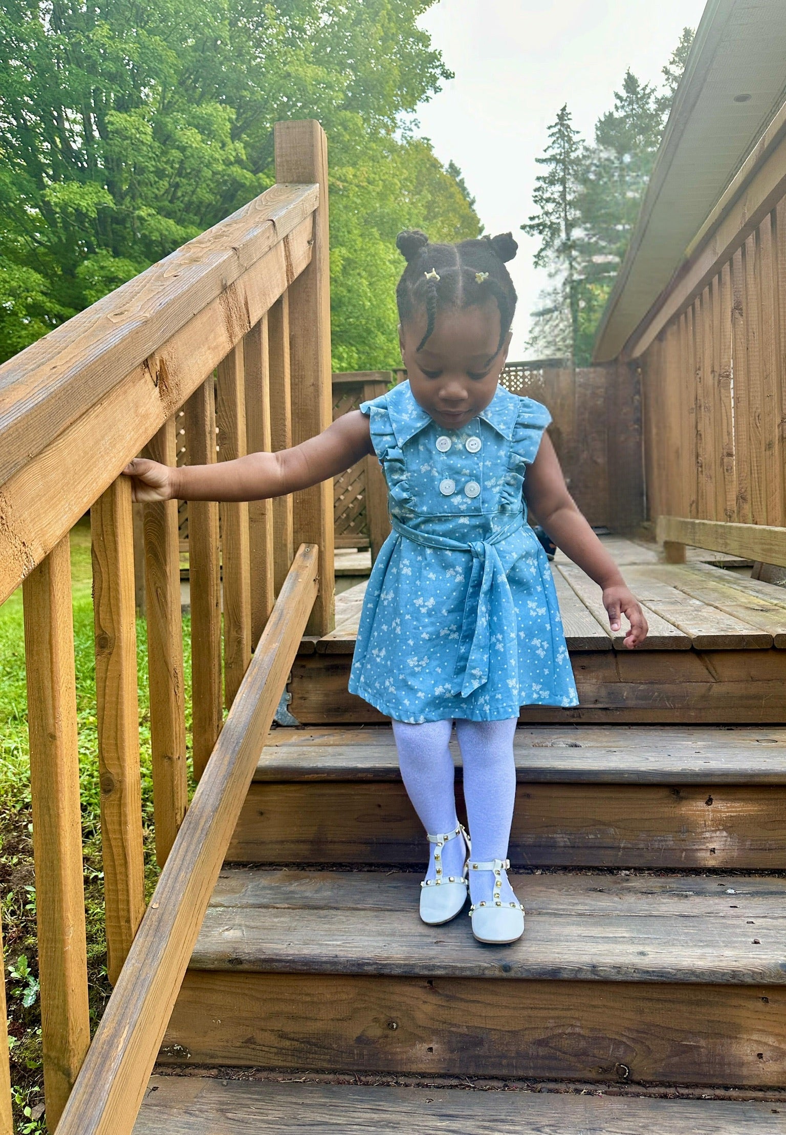 Child in a blue dress standing on wooden steps outdoors