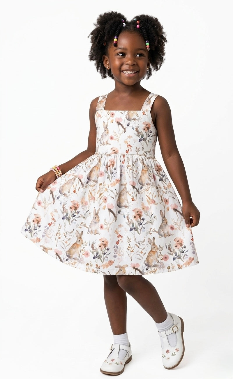 Young girl wearing a floral dress on a white background