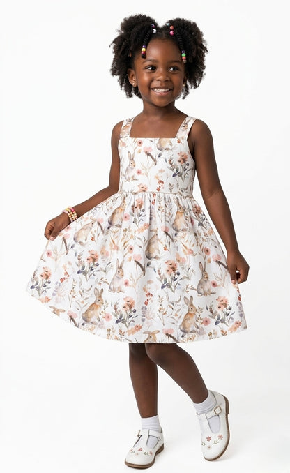 Young girl wearing a floral dress on a white background
