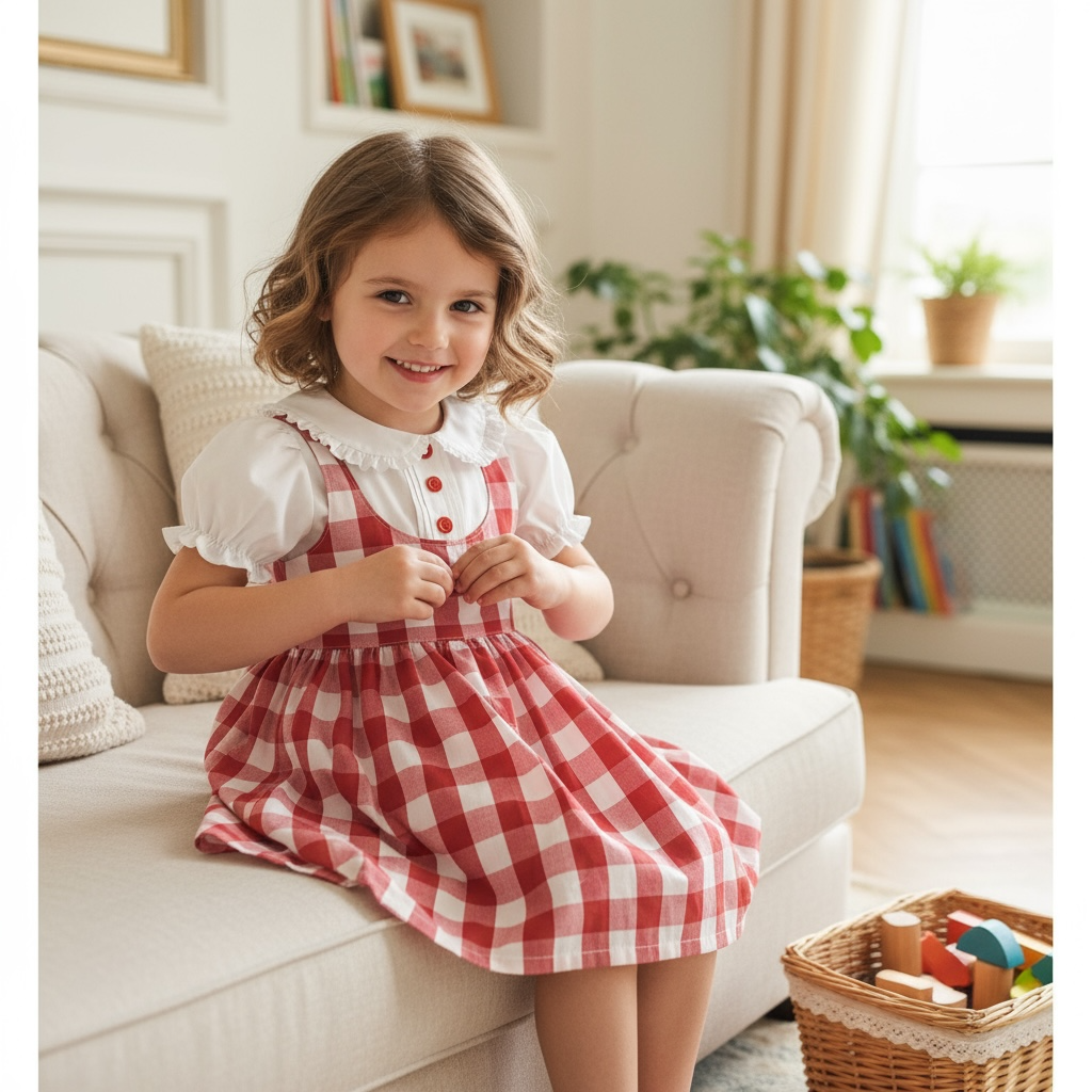 Young girl in a red and white checkered dress sitting on a couch in a cozy living room.