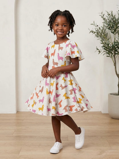 Young girl wearing a dress with llama pattern indoors