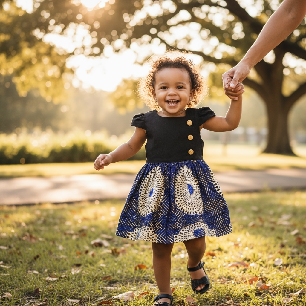 Smiling toddler wearing the Zoewandi dress by Young World by Ruth, black bodice with gold buttons and blue, black, white and gold African print skirt. handmade children's clothing