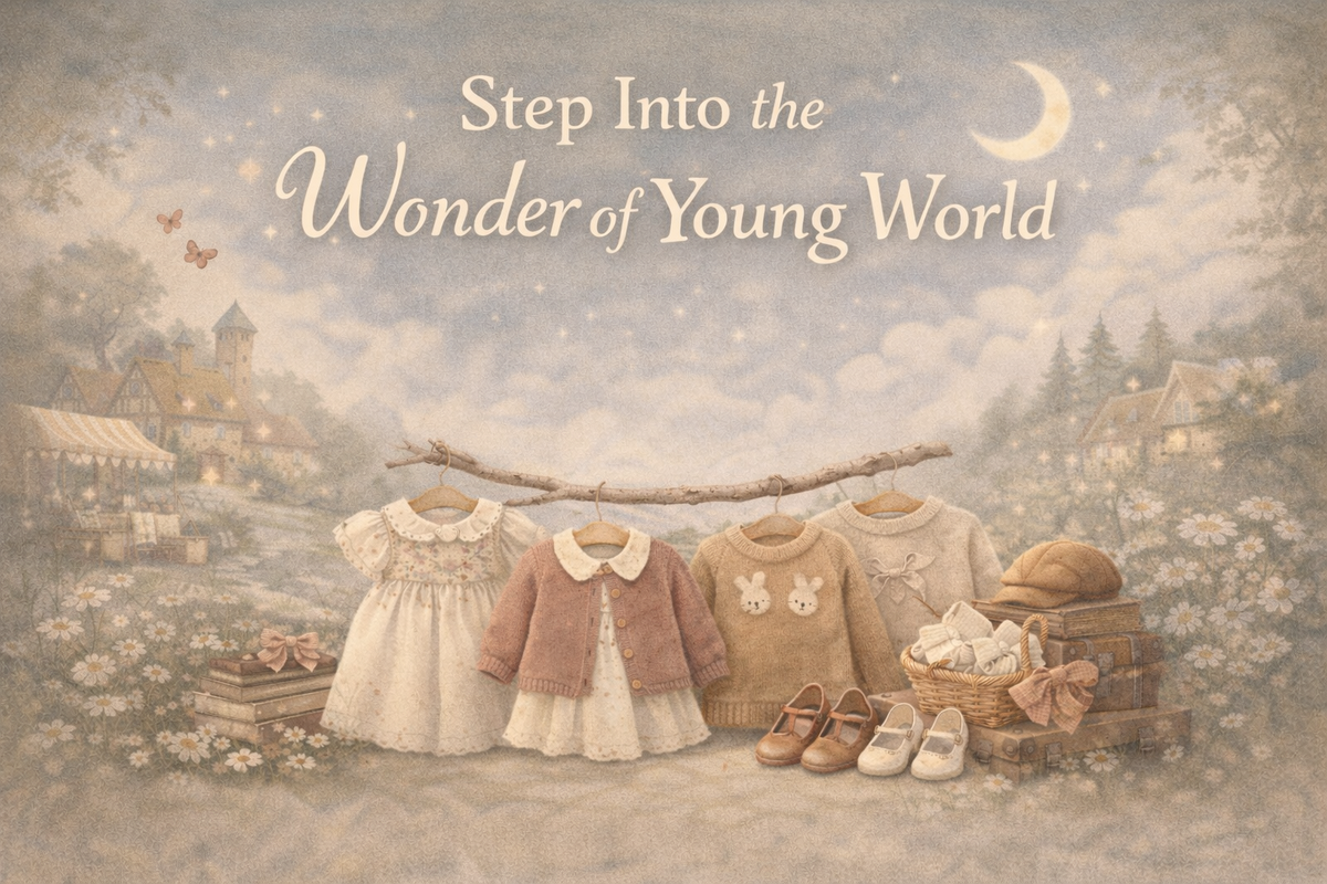 Children's clothing and shoes displayed against a scenic background with text 'Step Into the Wonder of Young World'.